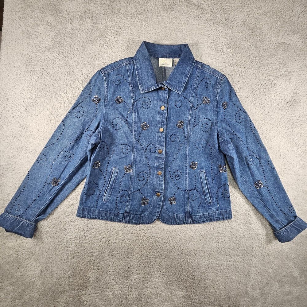 Vintage Tropico Denim Jean Jacket Womens‎ L Beaded Boho Geometric Button Pockets